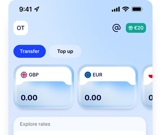 TransferGo app screen showing account features