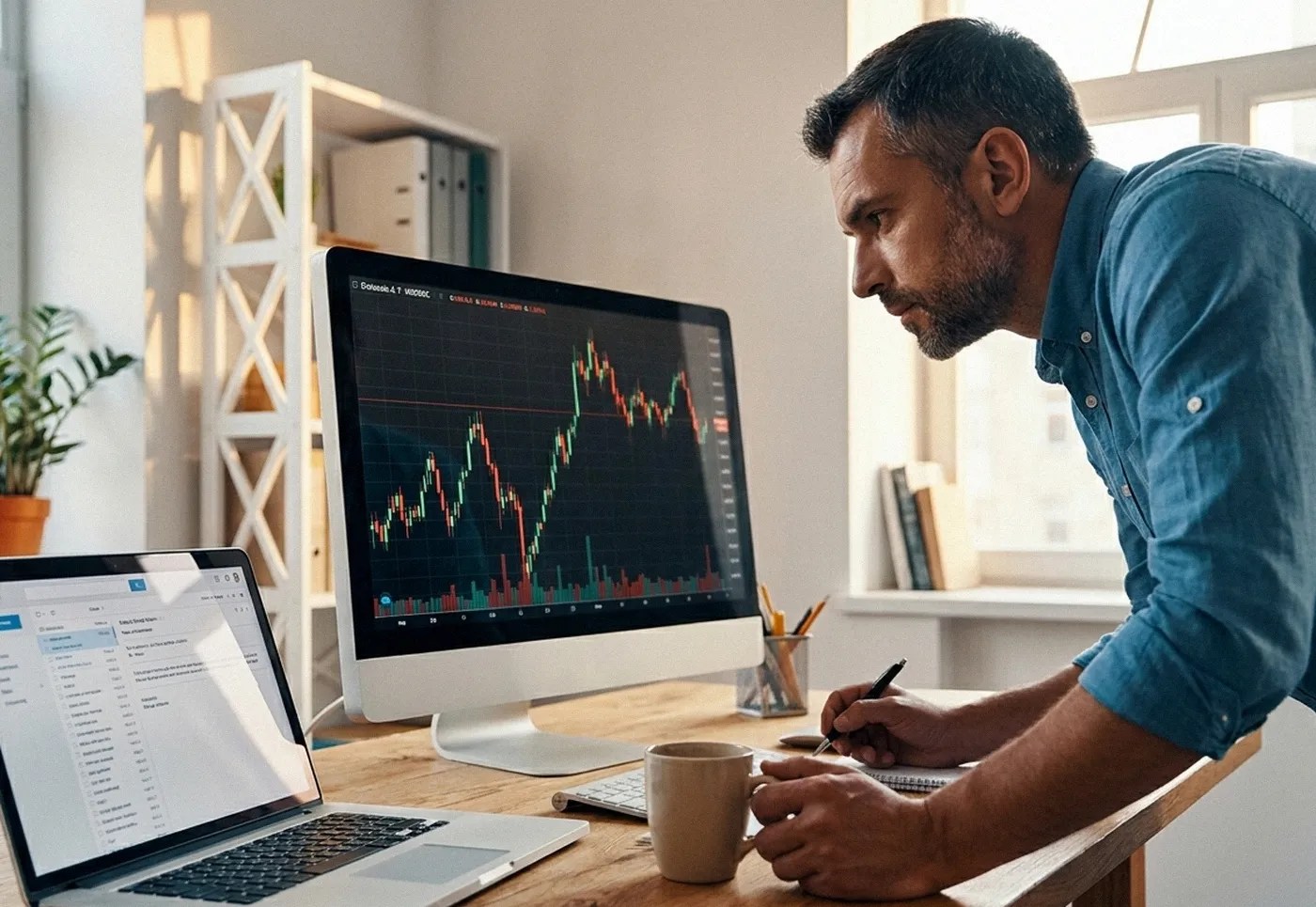 A man in a blue shirt sits at a desk with his back to the camera, looking at a laptop and desktop computer after reading an article about how to become sole trader in the UK
