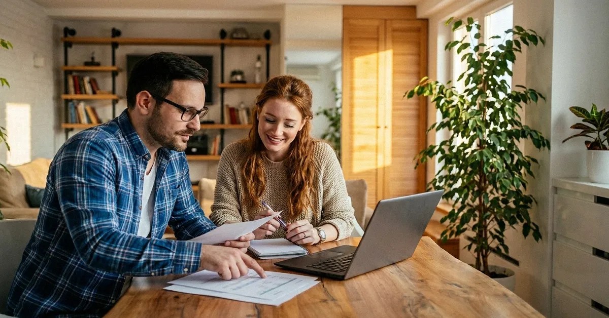 Two people look for their student bank account options on a laptop