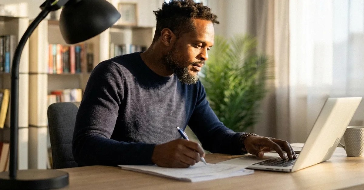 A man sits at a desk making some notes next to his lamp