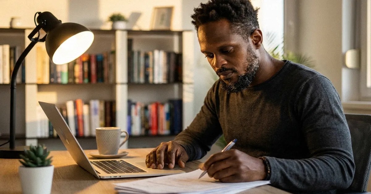 A man sits at a desk making some notes next to his lamp