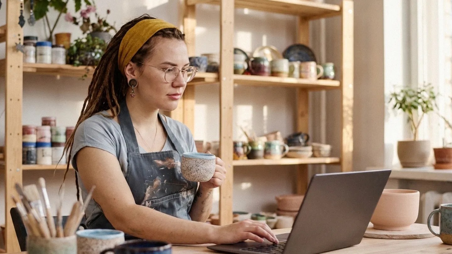 A young brunette female stands in a cafe, holding a coffee and typing on her laptop as she researches how to open business bank account in the UK