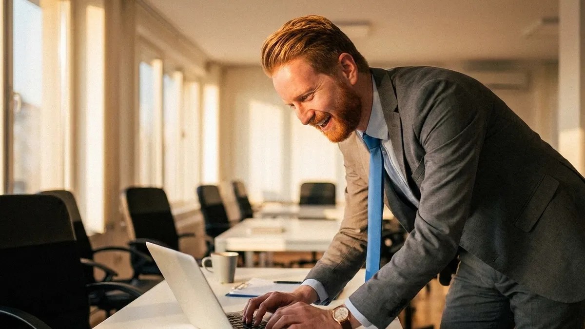 A red-haired man with a beard wears a grey suit and sits at a desk while typing on his laptop and managing business expenses