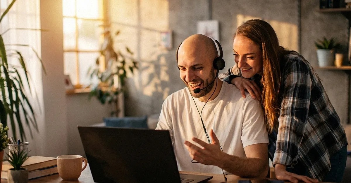 A woman and a man wearing headphones look at a computer. The woman has her arm around the man's shoulders