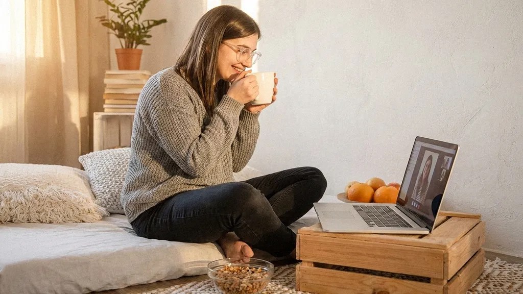 A young brunette female wearing glasses, jeans and a striped sleeveless top sits on a upcycled crate next to cushions and blankets as she holds a mug of coffee and reads an article on a laptop on her knee about how to pay international employees
