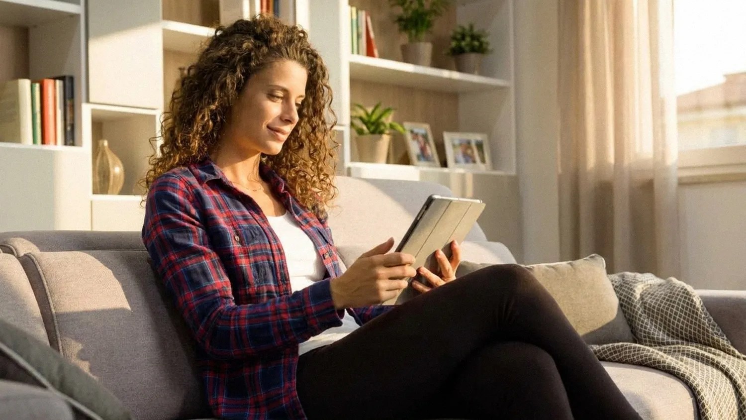 A young brunette female in a checked shirt sits on a sofa and reads an article on her device about how to pay international employees quickly