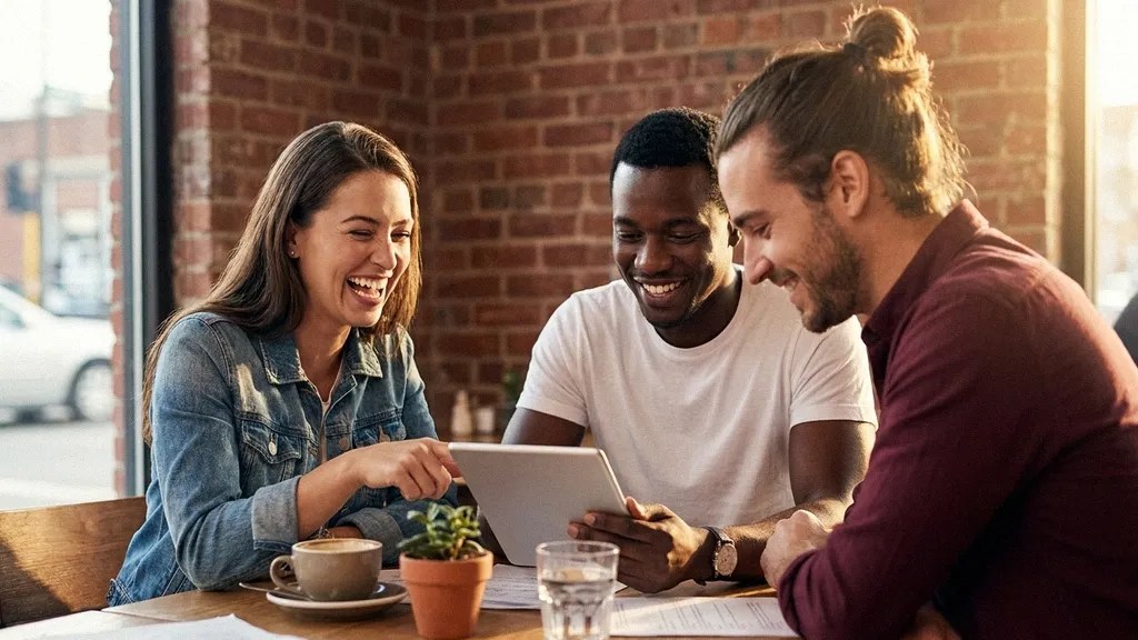 A young brunette female in a denim jacket and two young men wearing T-shirts talk and laugh to each other as they discuss the process of how to pay international employees