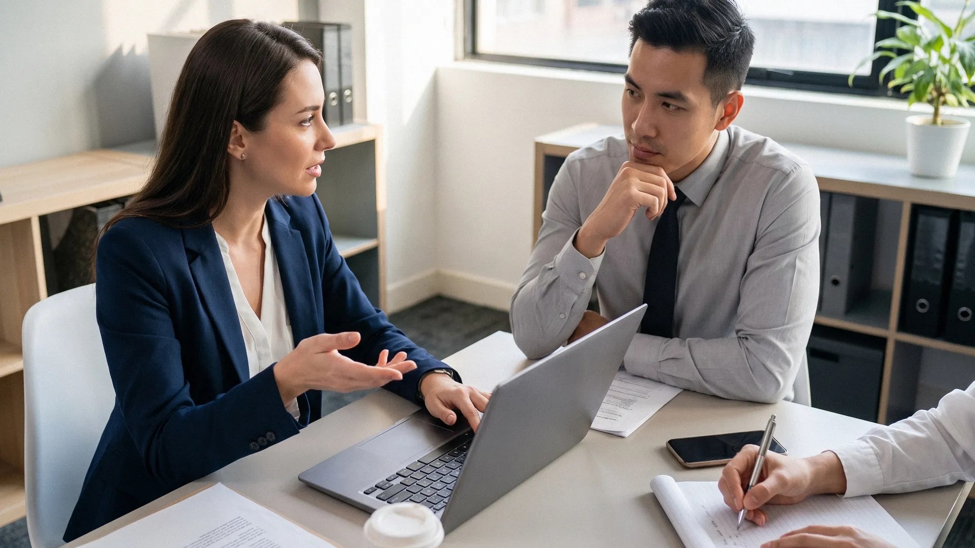 A man and woman in smart office clothing sit at a desk and discuss the question, 'Is Lloyds Business safe?'