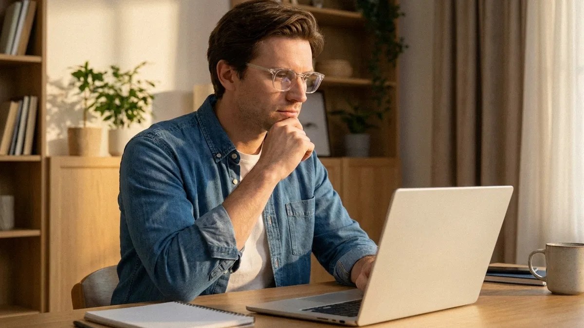 A young man wears a blue shirt and glasses and sits at his desk looking at his laptop and wondering, 'Is Payoneer safe?'