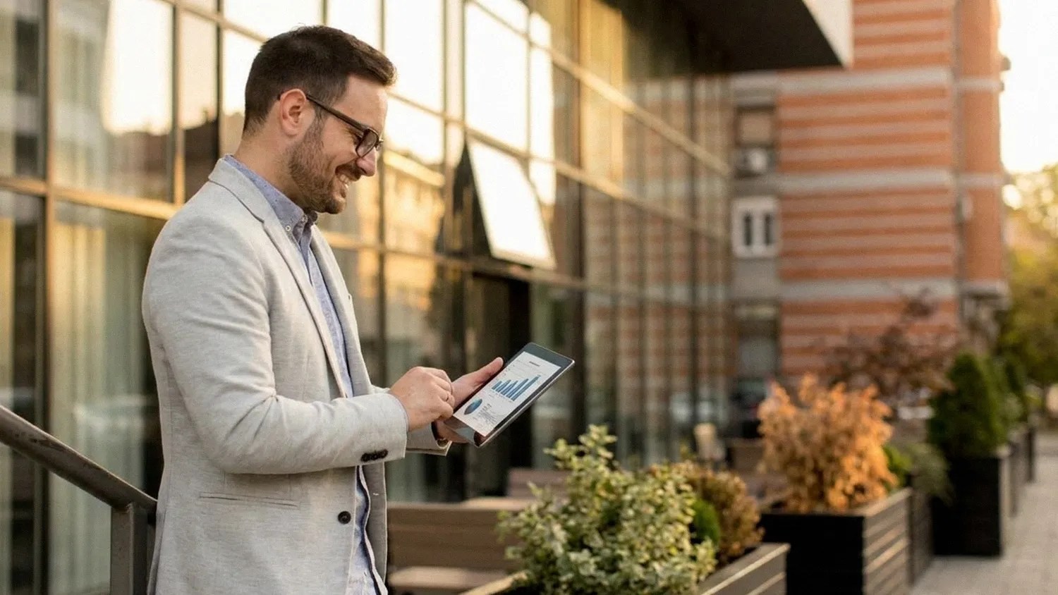 A young man in a casual shirt and suit stands outdoors and smiles as he holds his ipad and reads an article on 'Is Wise Business safe?'