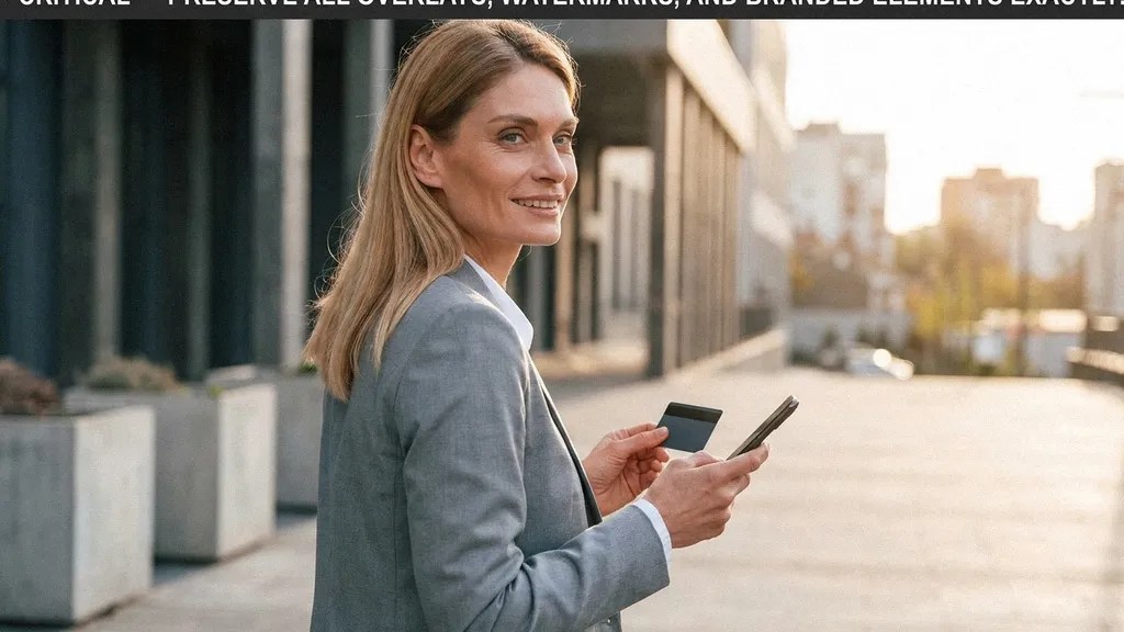 A young female in a grey blazer and white shirt smiles as she holds her phone and credit card, while reading an article titled 'Is Wise Business safe?'