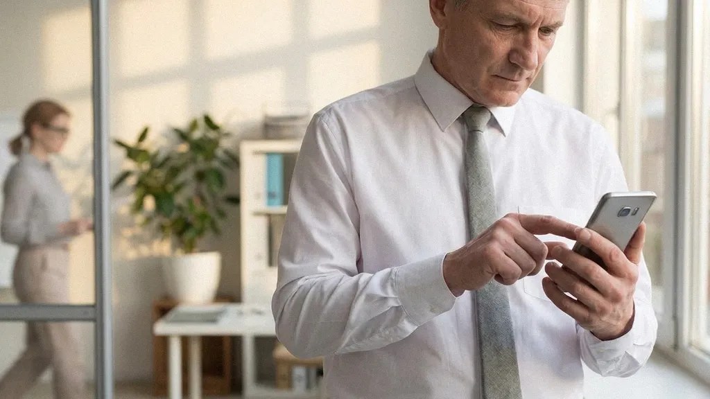 A man in a white shirt stands in his office, reading an article on his mobile phone about 'What are b2b payments?'