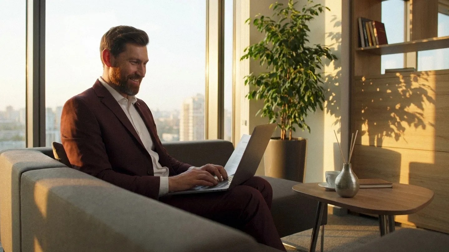 A young white male sits at a desk with his laptop, reading an article on applying for a Lithuanian Startup Visa