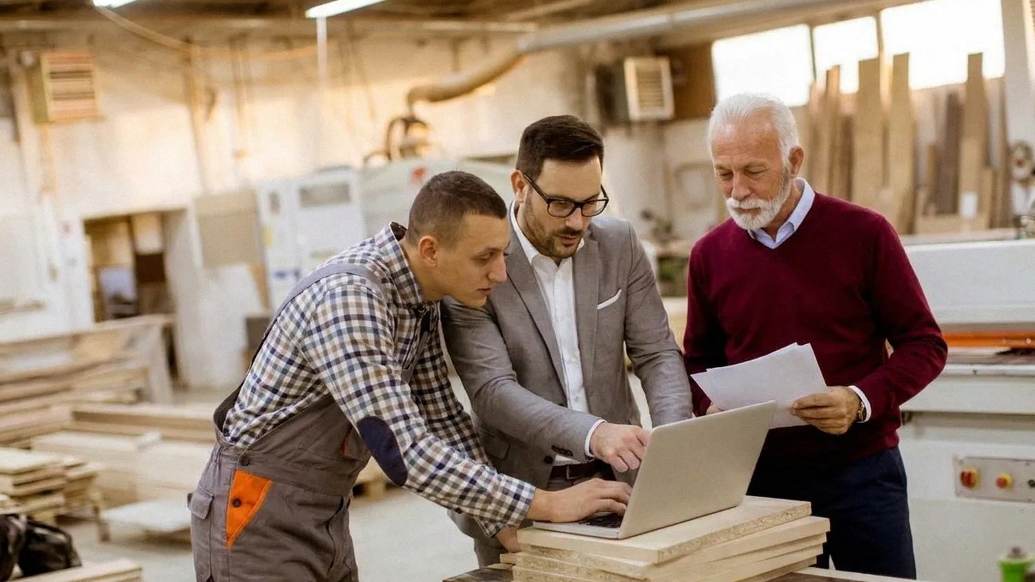 Three men stand together while looking at a laptop, demonstrating collaboration—one of the key components of Lithuanian Business Culture