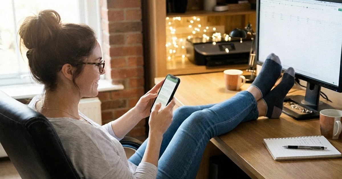 A woman sits with her feet up on the table reading an article on her mobile about Nationwide international transfers