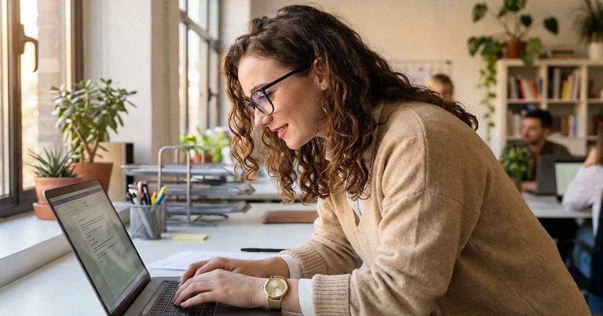 A young woman with brown curly hair and glasses sits at a table and reads an article about the best Revolut alternatives on her laptop