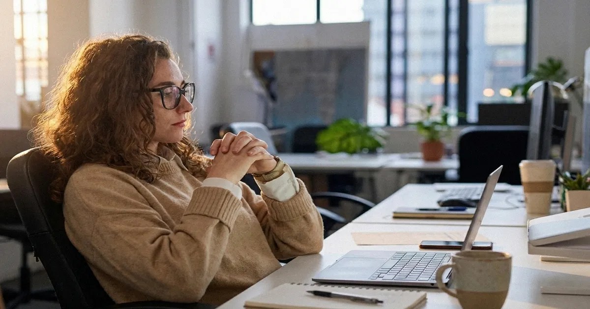A young woman with brown curly hair and glasses sits at a table and reads an article about the best Revolut alternatives on her laptop