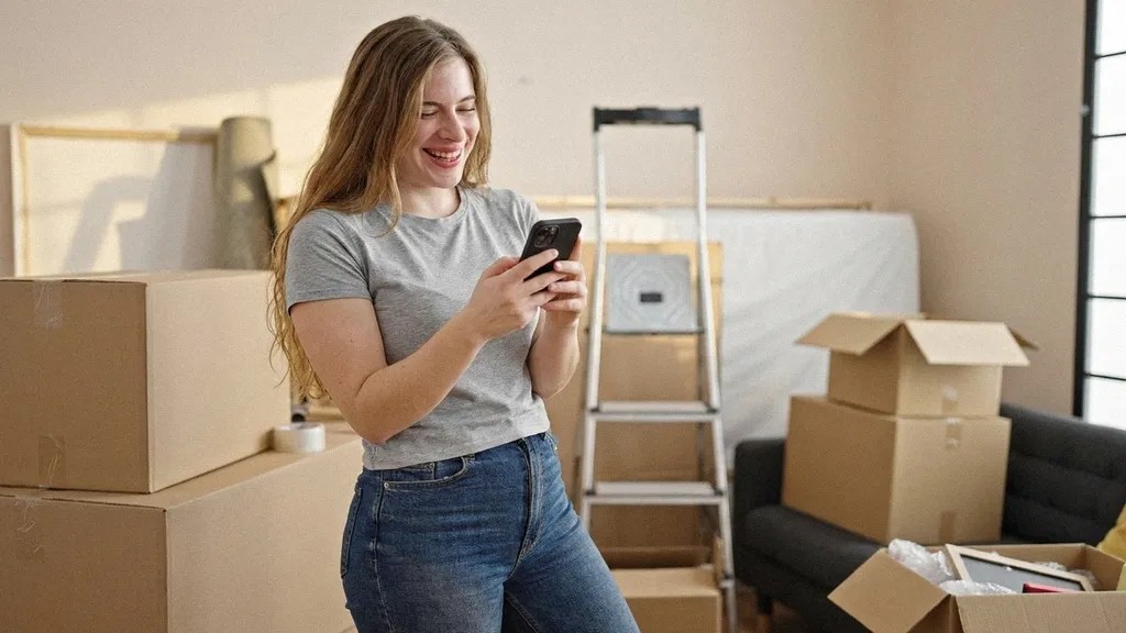 A young woman with long hair stands in a room filled with boxes and decorating equipment. She wears a yellow top and blue jeans and smiles as she reads about the Revolut Business Account on her mobile phone