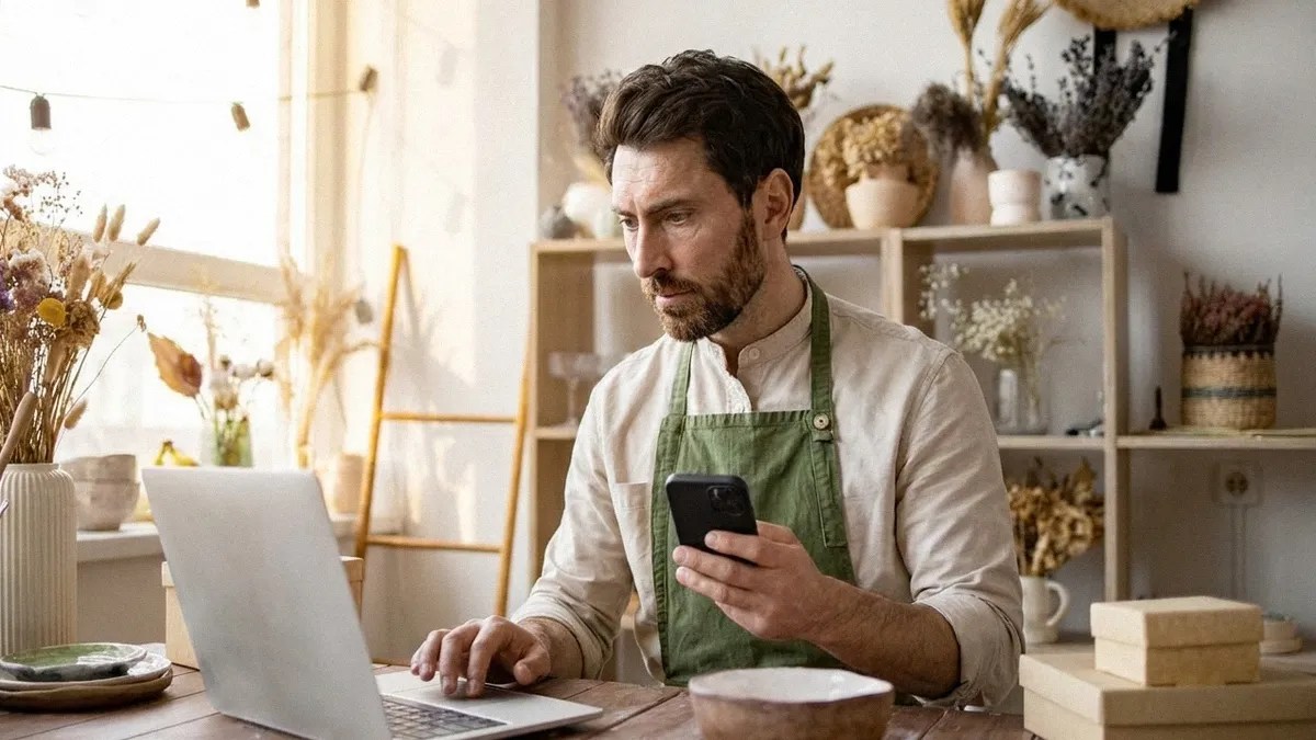 A young bearded male in a white shirt and green apron sits at his desk, holding his phone and typing on his laptop as he looks into the best payment systems for small businesses
