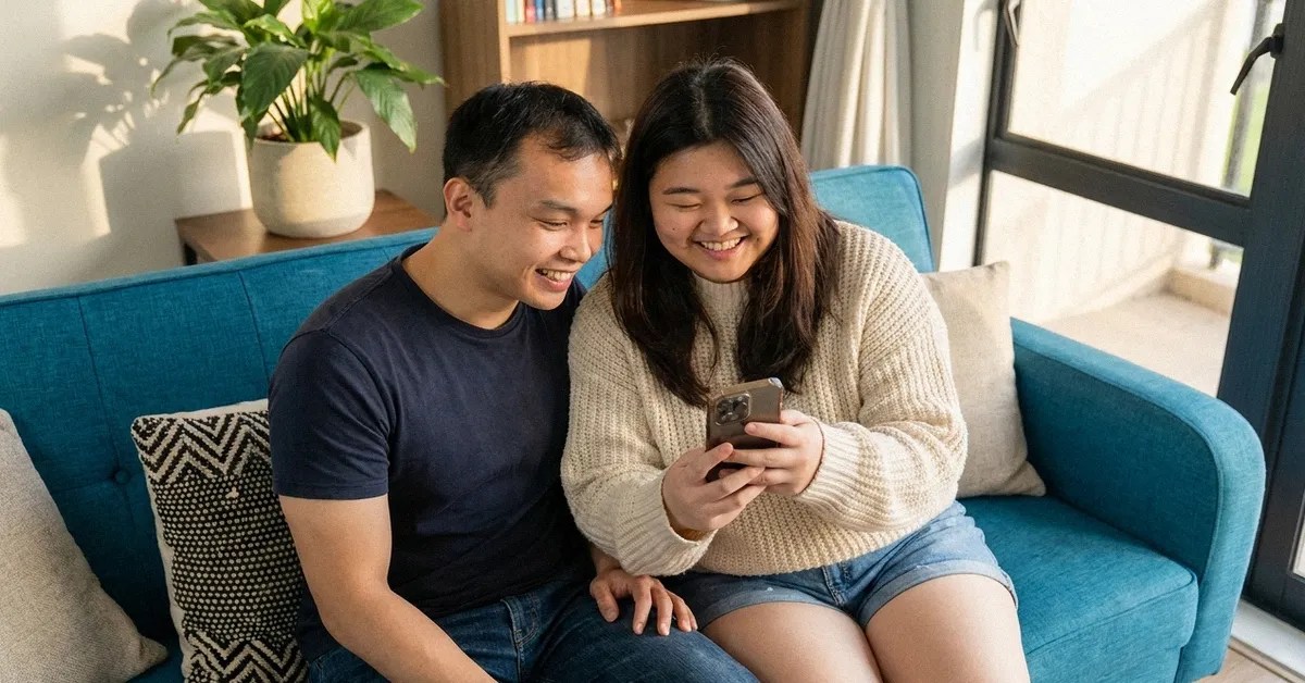 A man and woman sit on a sofa and look at a device as they navigate the cost of living in the Phillippinees