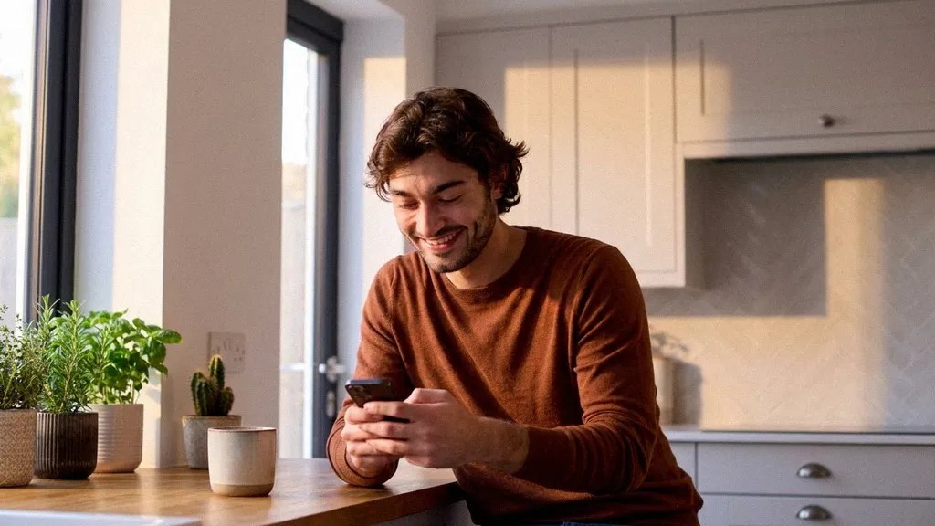 A young man smiles to himself as he stands in his kitchen reading the TransferGo vs Revolut Business comparison article on his mobile phone