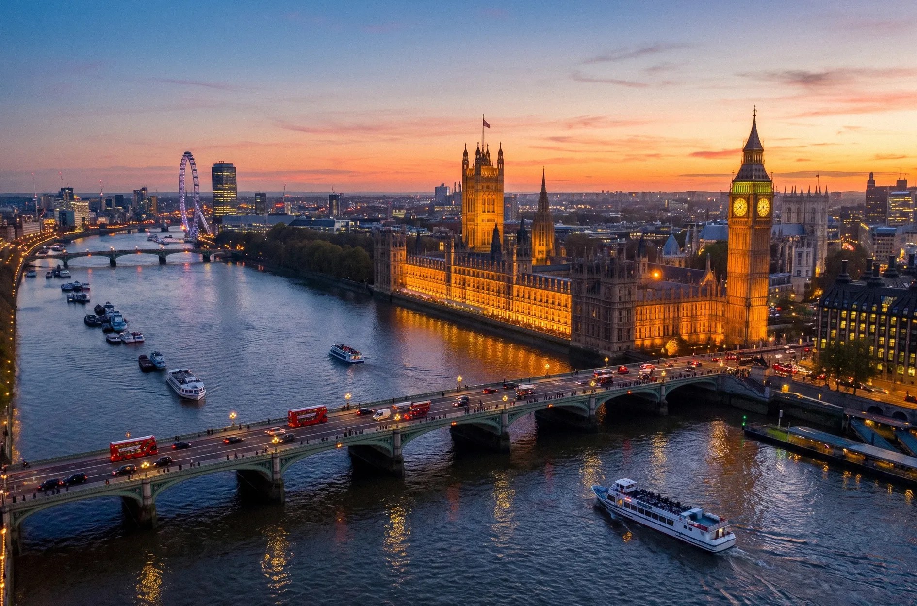 Aerial view of the River Thames, Houses of Parliament and Westminster Bridge at dusk