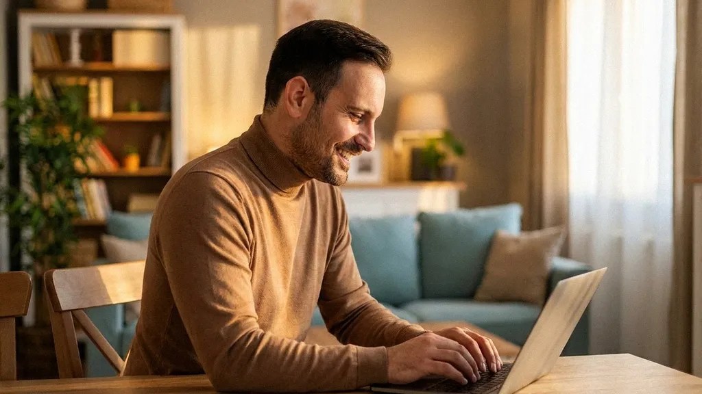 A young male wearing a beige jumper sits at his living room table reading an article on his laptop about the Wise business account