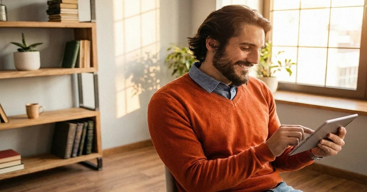 A man with brown hair wears a blue shirt and orange jumper and smiles while looking at his tablet reading an article about Wise vs OFX features