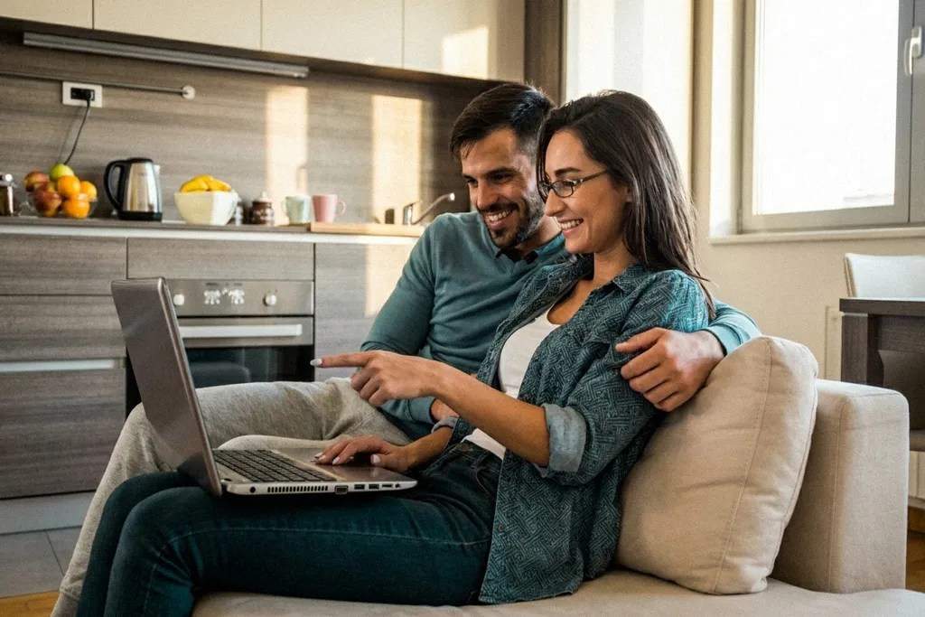 A smiling couple comparing wise v remitly on their laptop