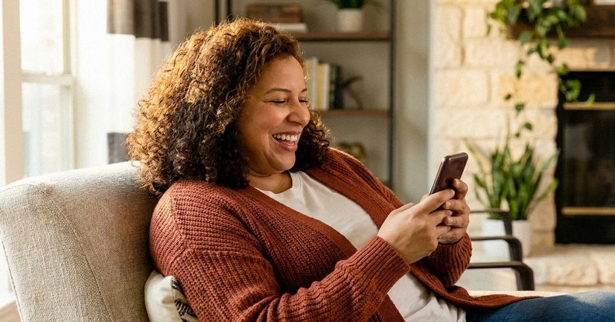 A woman sits on the sofa, holding her phone and reading an article about Wise vs Western Union
